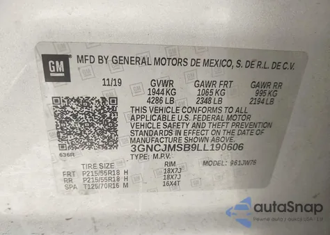 2020 Chevrolet Trax Fwd Premier из США, поврежденный, VIN 3GNCJMSB9LL190606